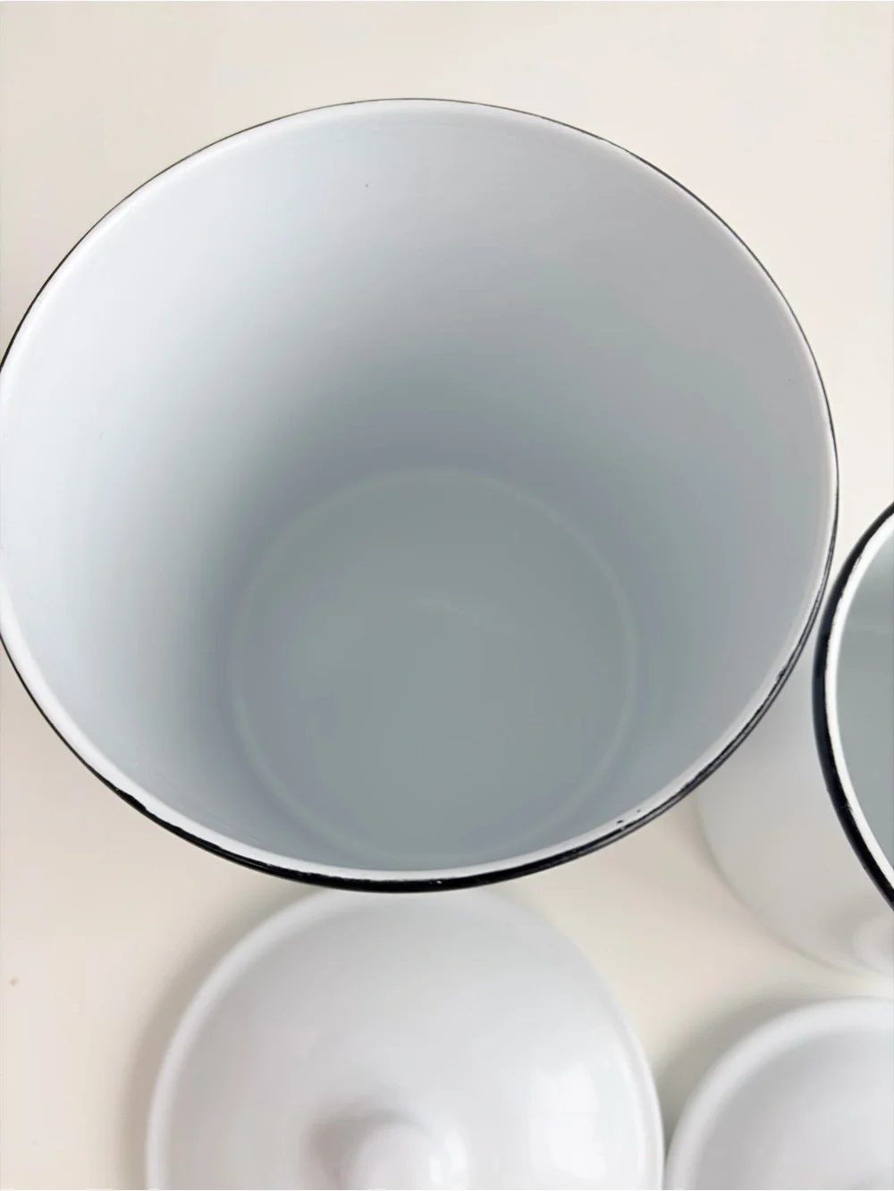 2 Piece Canister Set Vintage Inspired White & Enamel Black Rim Round Tin Storage